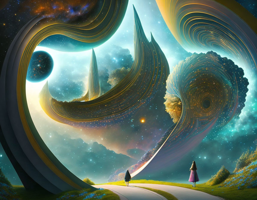 Surreal landscape with cosmic structures and figures on pathway