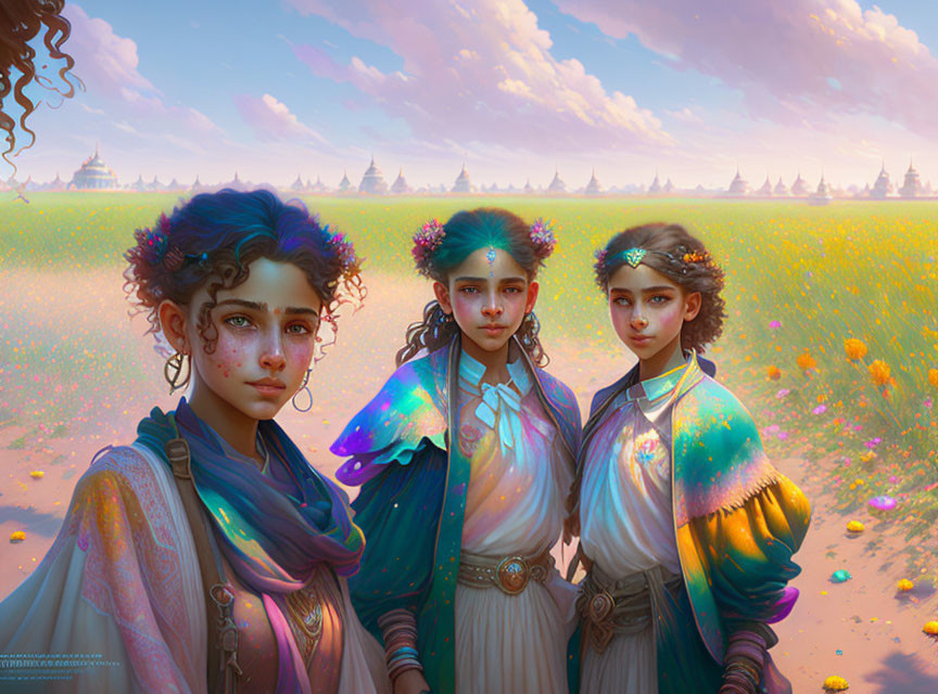 Three people in iridescent clothing with floral adornments in a blooming field at sunset.