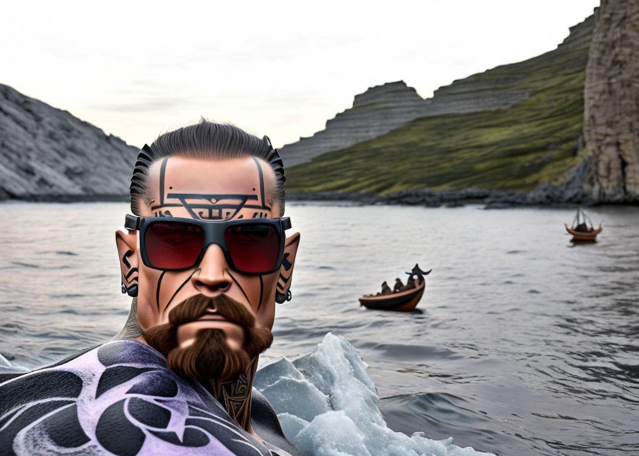 Tattooed character on iceberg with Viking boats and cliffs