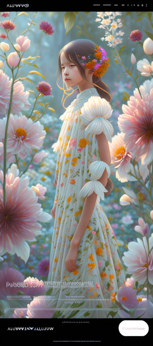 Young girl in floral dress surrounded by oversized daisies and colorful bouquet