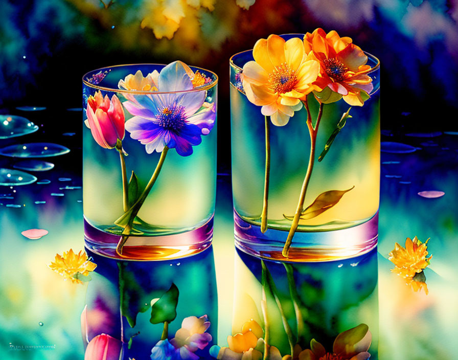 Vibrant flowers in glasses on reflective surface with dreamlike background