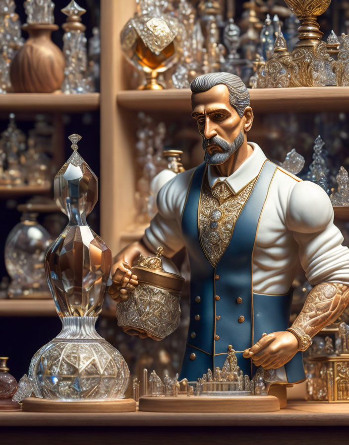 Detailed 3D illustration of bearded man in vest handling glassware in ornate shop