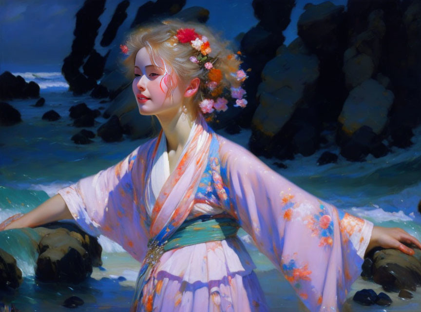 Woman in floral kimono by the sea with flowers in hair and rocks in background