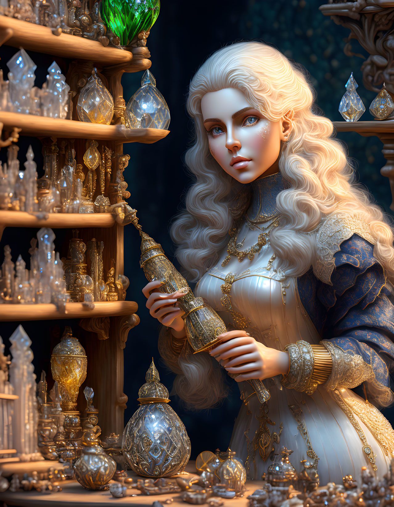 Blonde woman in renaissance attire with ornate artifact among shelves of bottles.