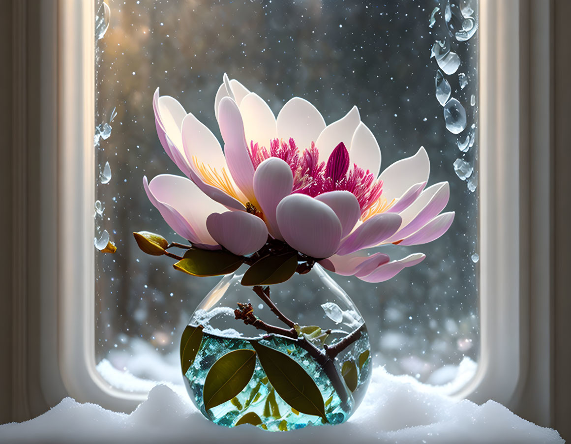 Blooming magnolia in glass vase on snowy windowsill with wintry landscape view