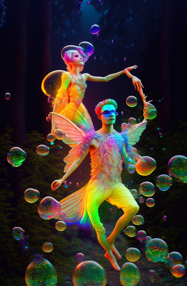 Iridescent fairies with wings in forest surrounded by colorful bubbles