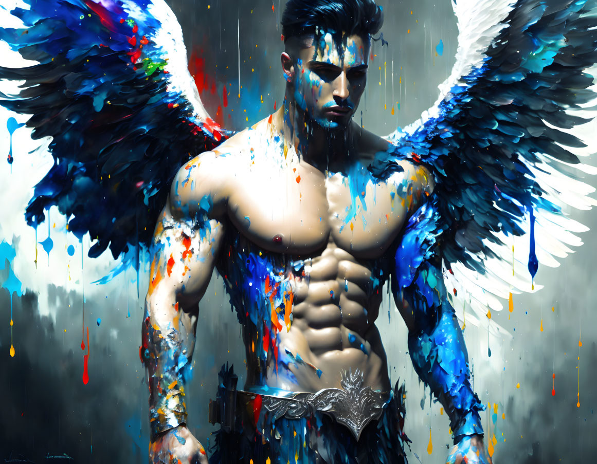 Muscular male figure with colorful angel wings in vibrant paint on grey splattered background