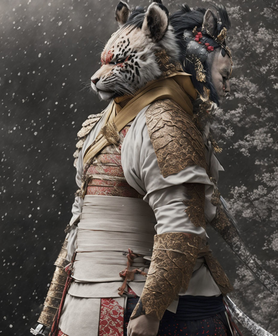 Tiger-headed warrior in ornate armor with yellow scarf and beads