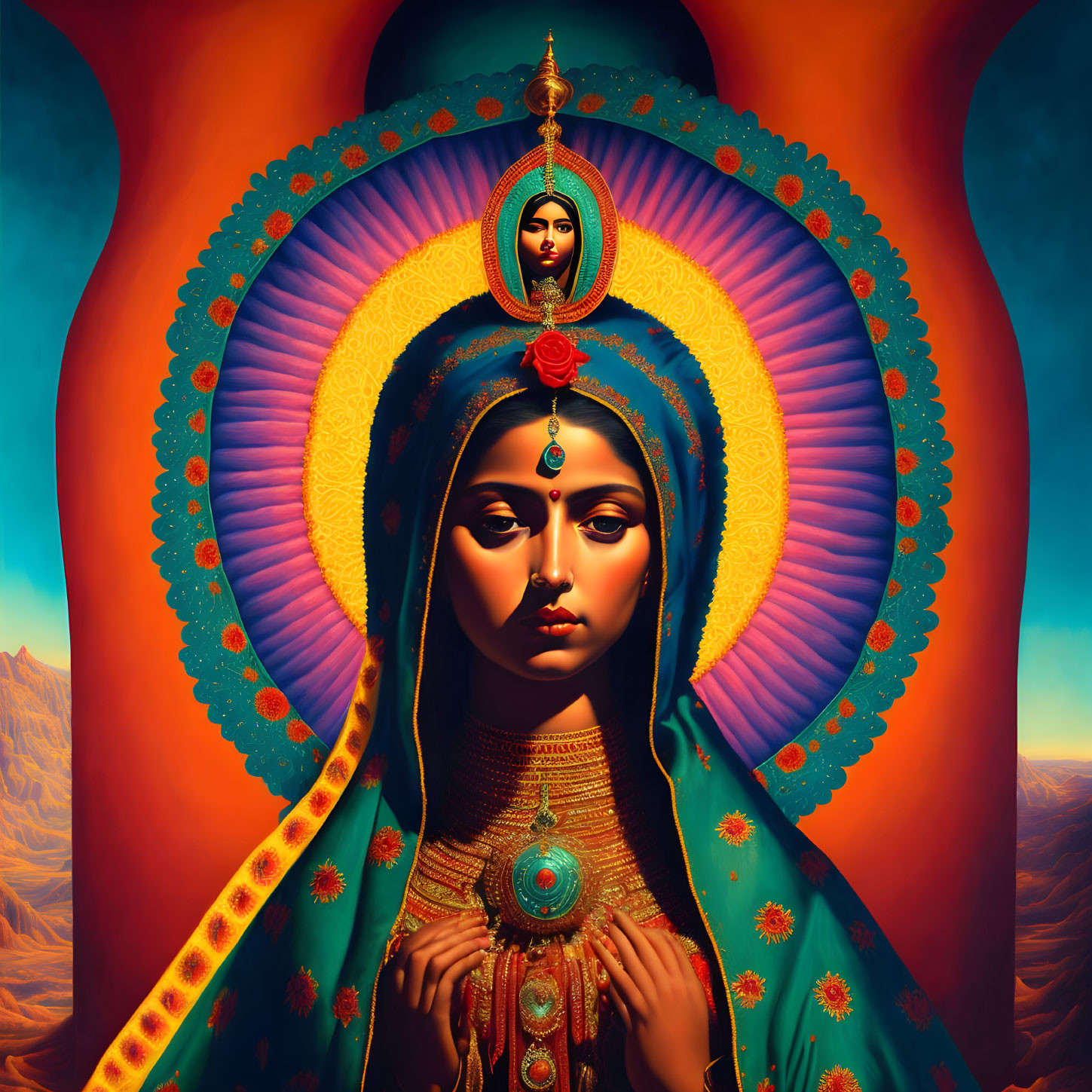 Colorful Virgin Mary and Hindu goddess fusion art with intricate patterns and serene female figure.