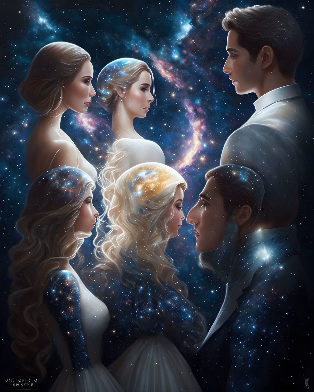 Illustration of Three Couples in Cosmic Formal Attire