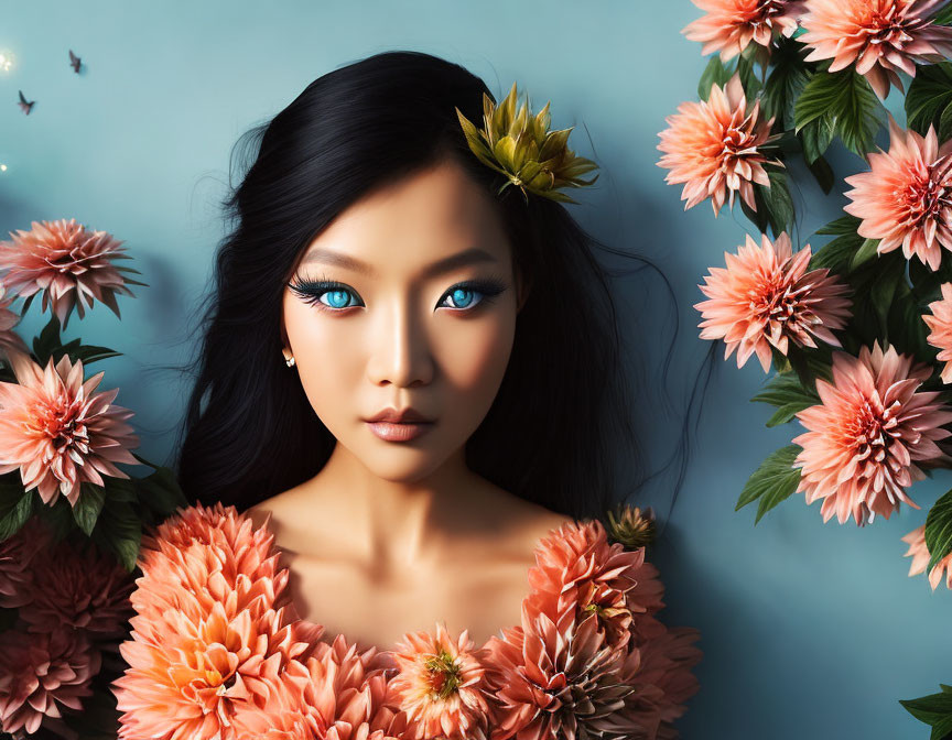 Portrait of a woman with blue eyes in pink flowers on blue backdrop