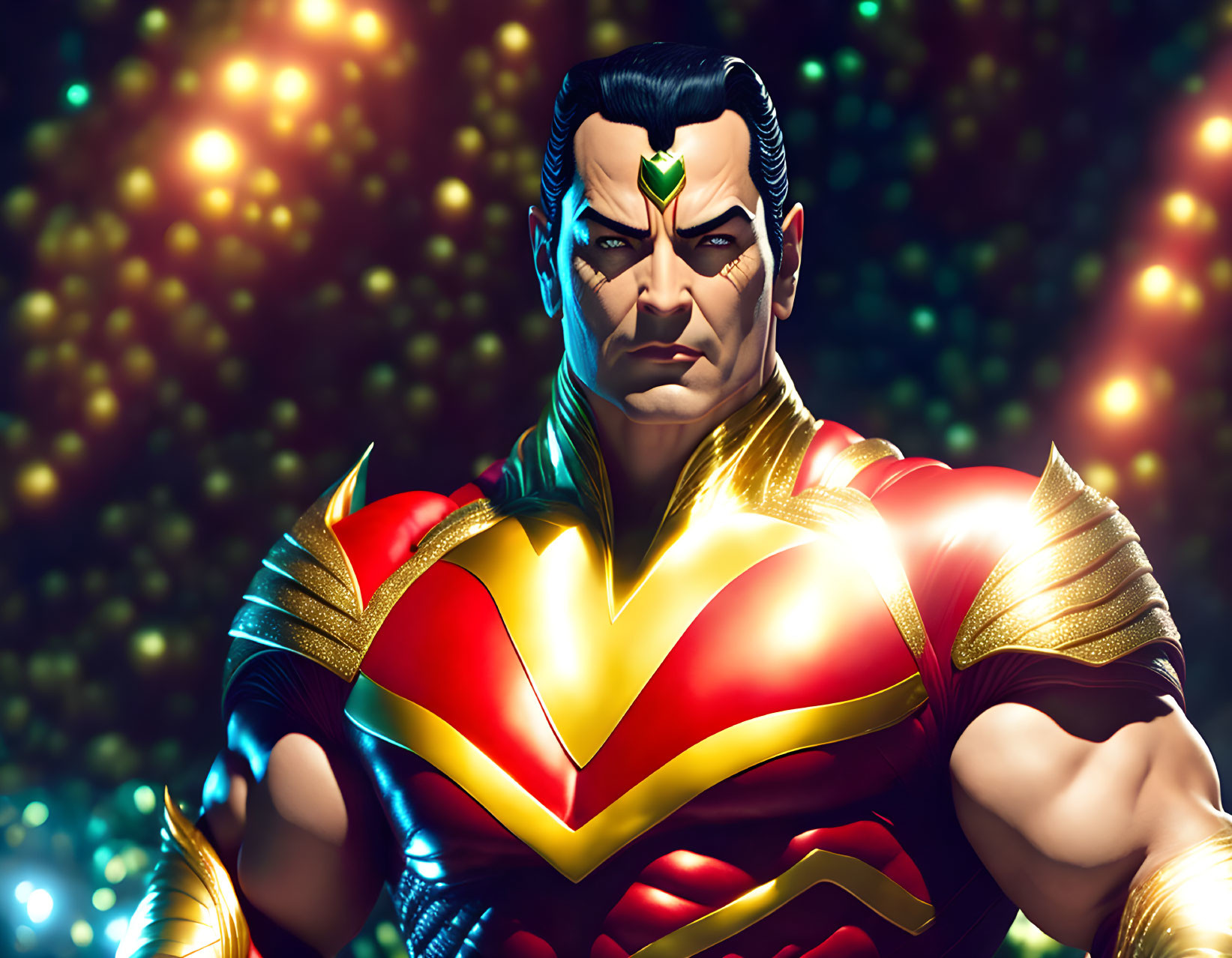 Muscular superhero in red and gold suit with green gem on forehead against sparkling backdrop