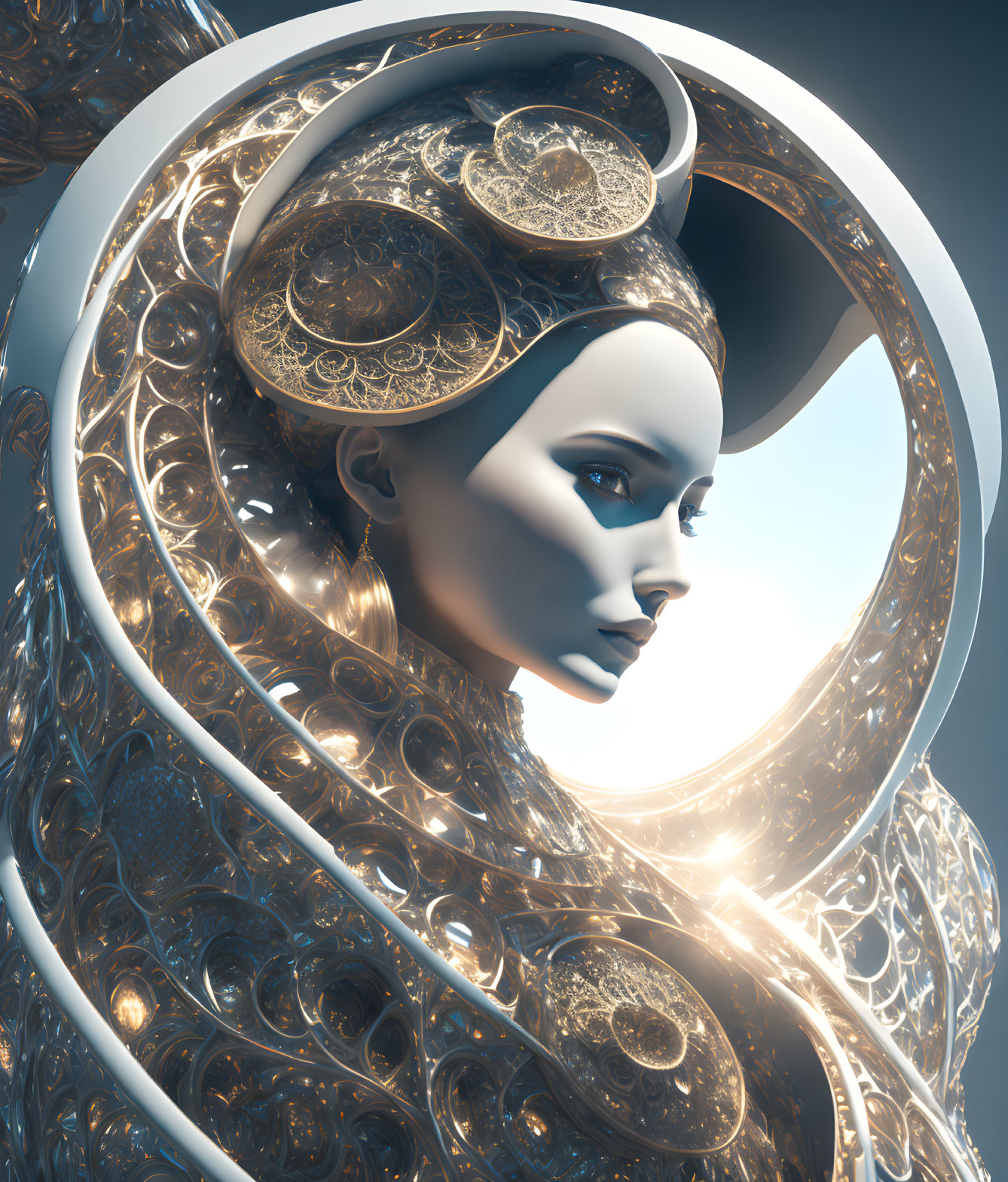 Ethereal digital art: Woman with ornate metallic headgear & glowing light