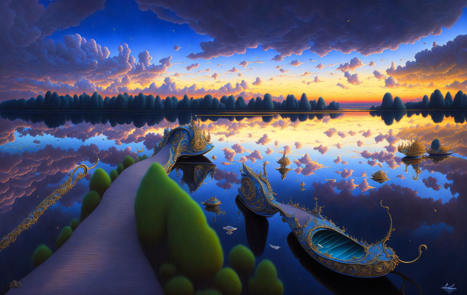 Surreal landscape with ornate gondolas on calm lake at sunset