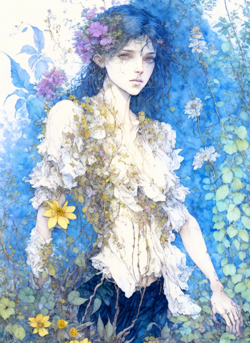 Ethereal figure with blue-tinted hair among flowers and greenery