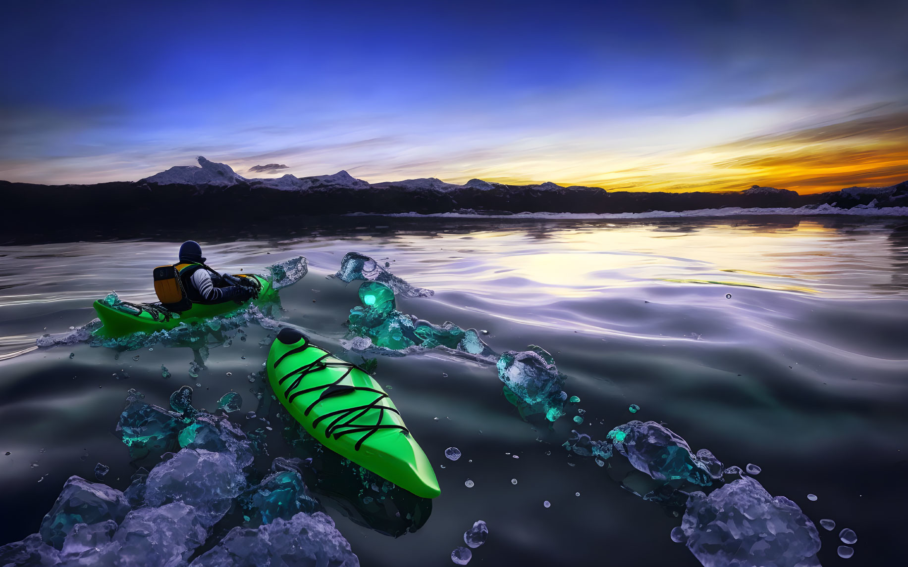 Kayak navigating icy waters at sunset with mountains.