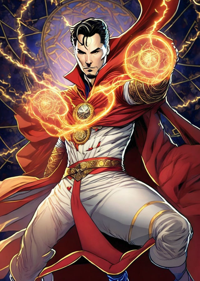 Doctor Strange illustration in dynamic pose with glowing mystical symbols, red cape.