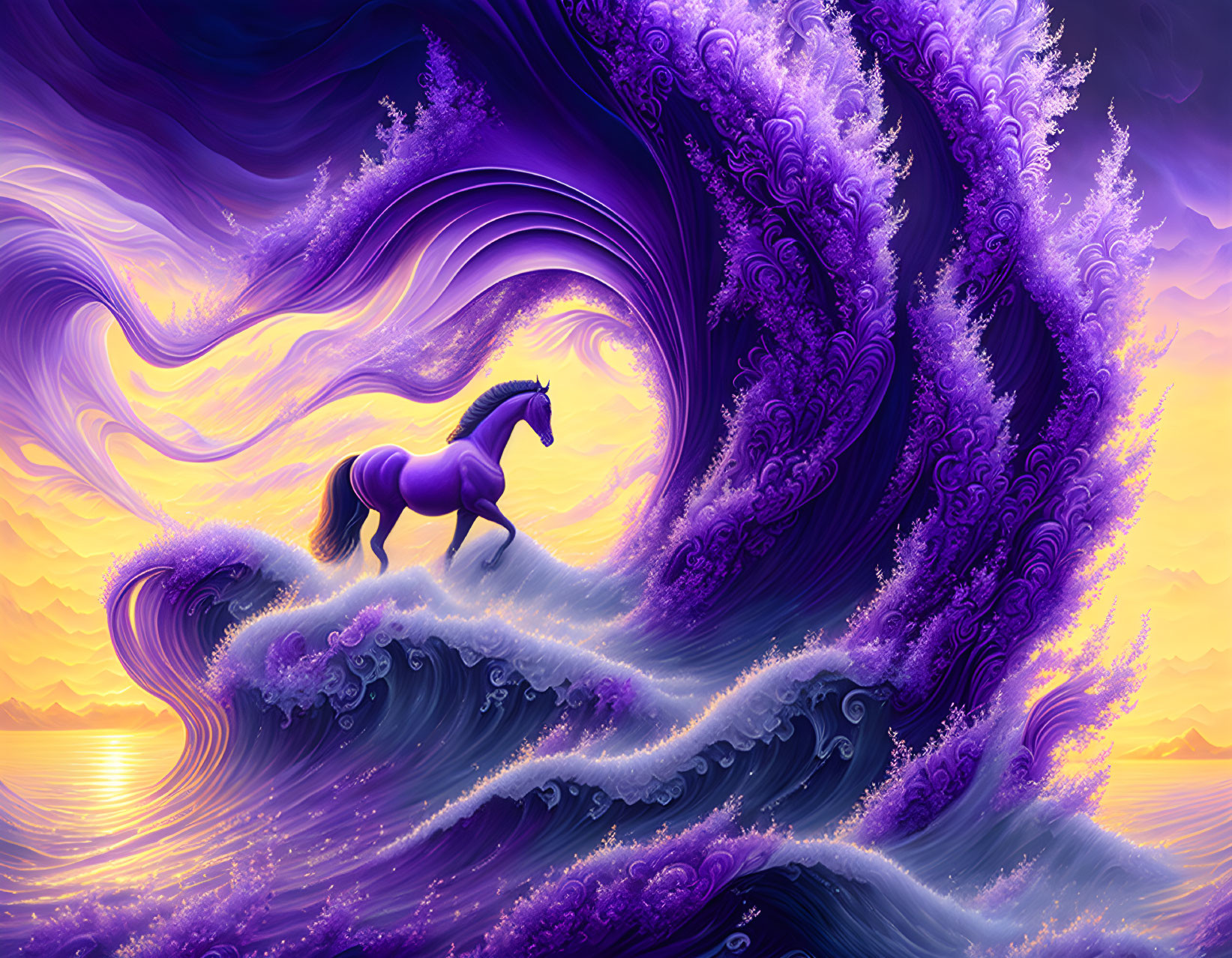 Surreal purple landscape with intricate waves and lone horse at twilight