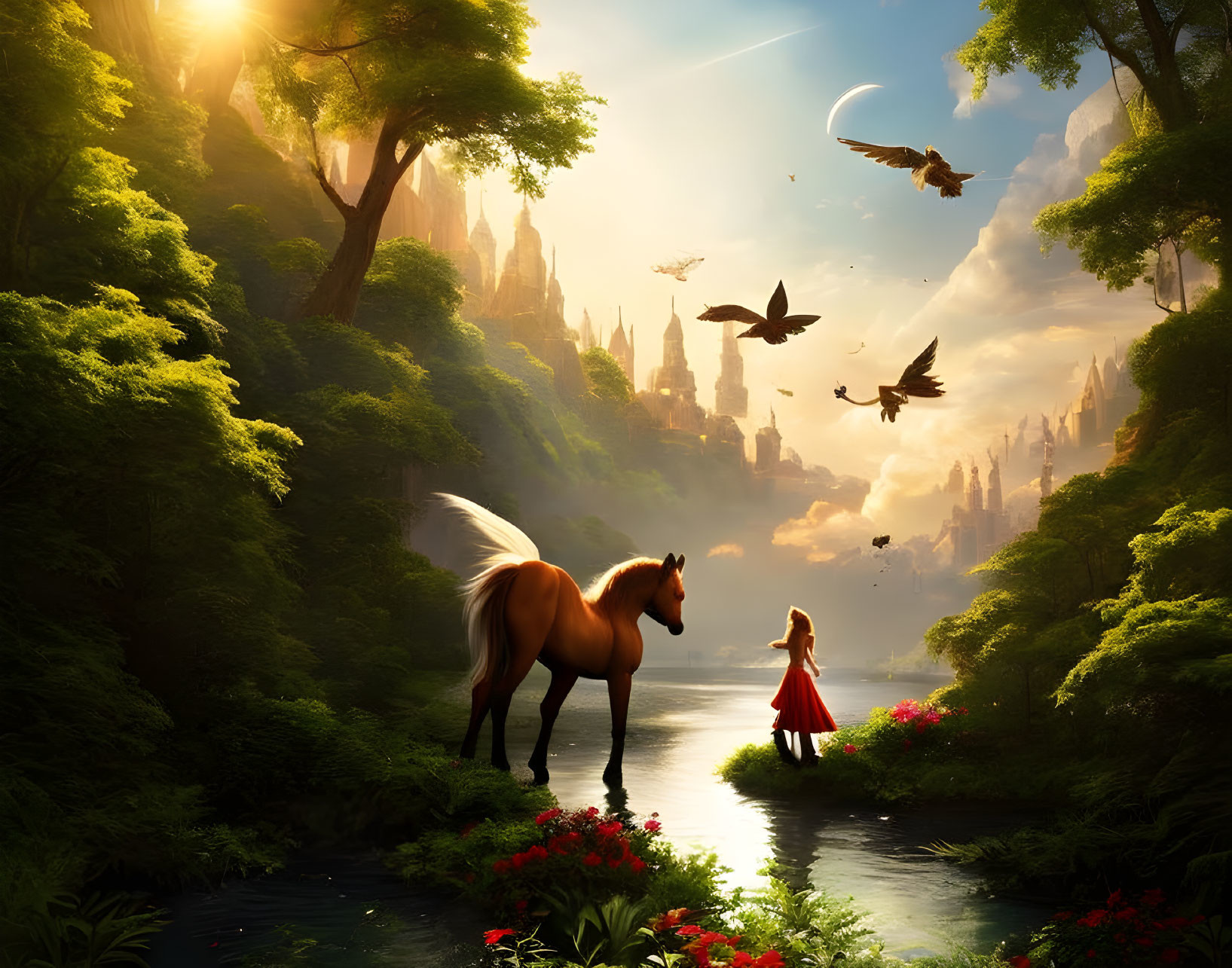 Mystical landscape featuring girl, horse, river, light, birds, and castles