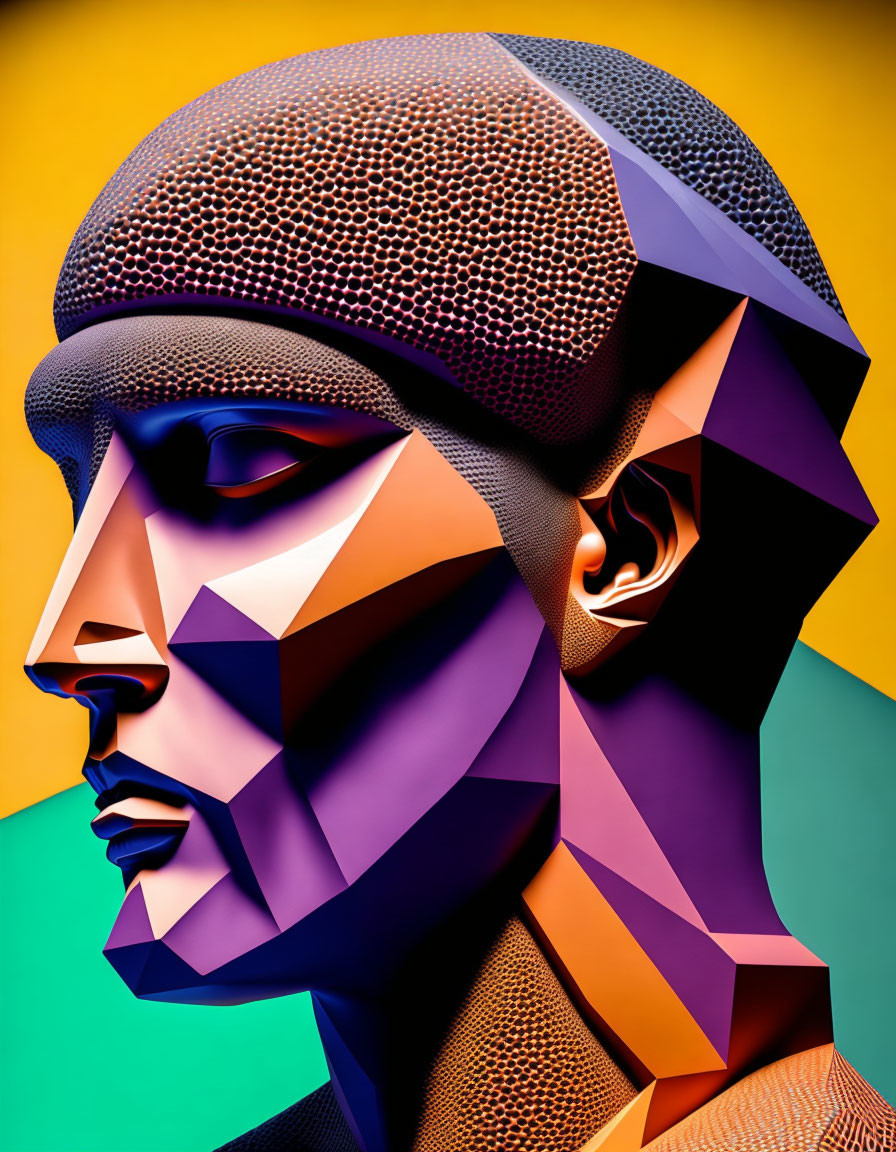 Colorful digital portrait with geometric shapes and textured cap on yellow-orange background