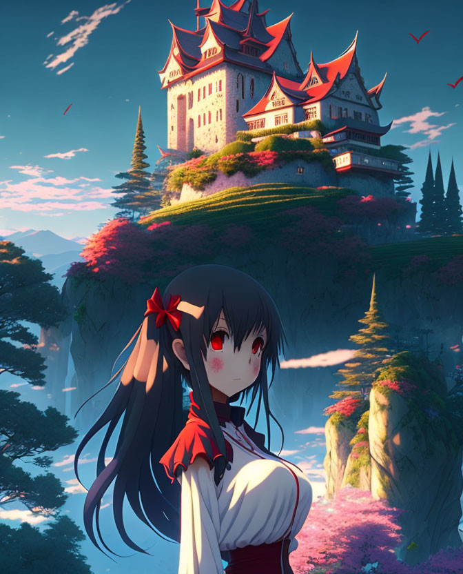 Black-haired girl with red ribbon by fantasy castle at sunset