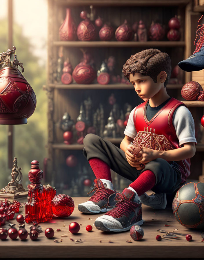 Boy surrounded by basketballs and red ornaments in contemplative mood among shelves of red items