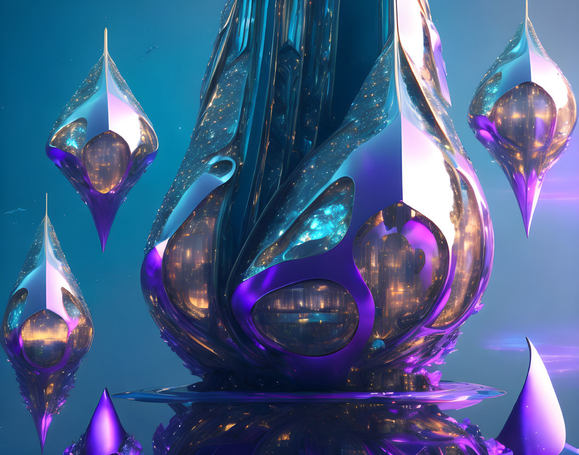 Abstract Sculpture with Swirling Glass-like Forms and Suspended Orbs