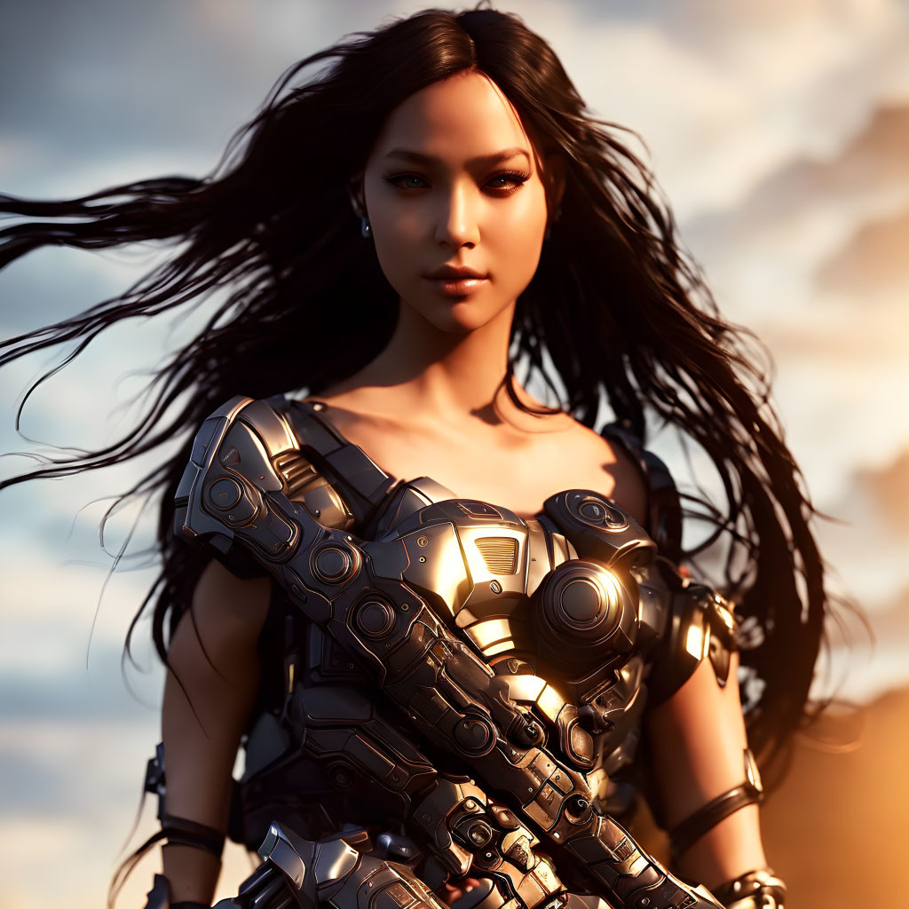 Female Cyborg in Intricate Body Armor with Flowing Hair in 3D Render