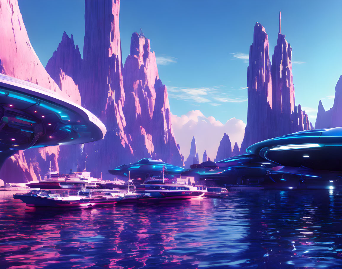 Futuristic cityscape with purple spires and flying vehicles over water under pink and blue sky