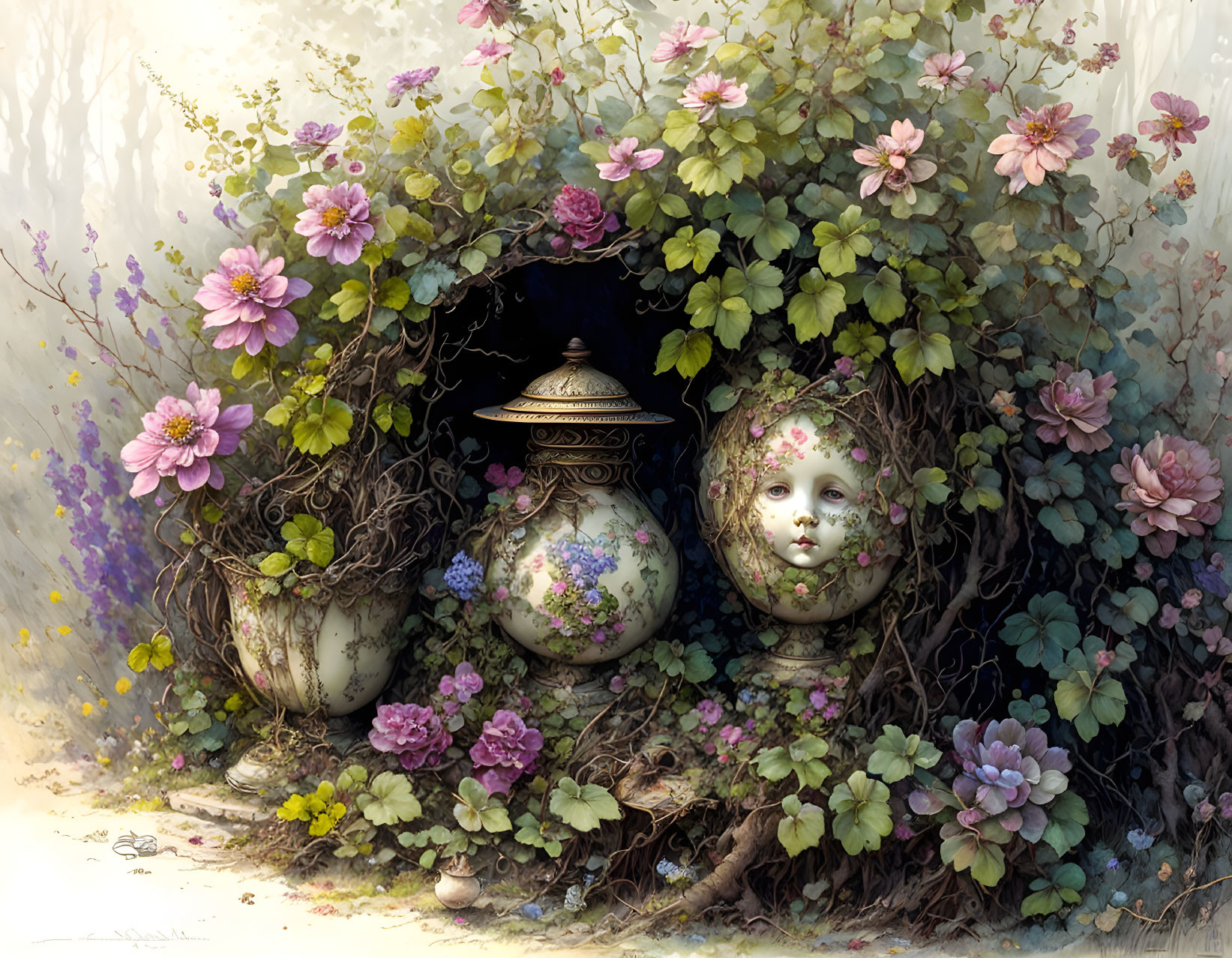 Enchanted hollow with floral pottery and porcelain doll's face in blooming vines