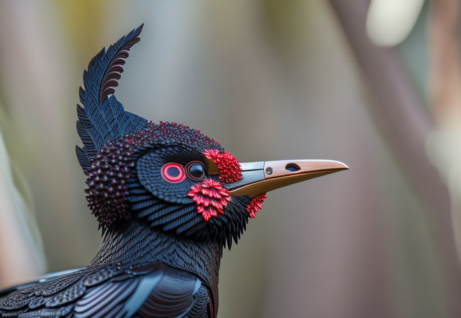 Detailed Close-Up Black Bird Sculpture with Red Accents on Soft Background