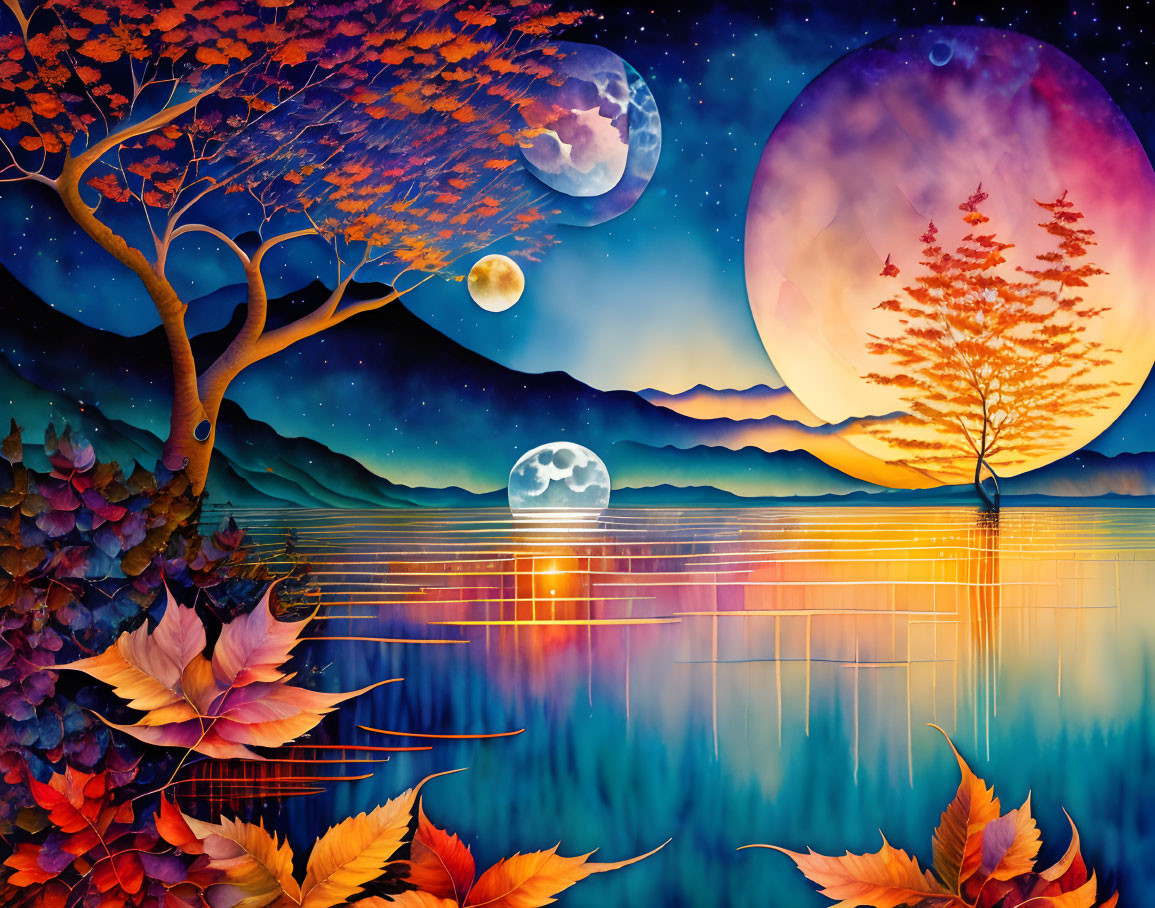 Fantasy landscape with three moons reflected in lake amid autumn foliage