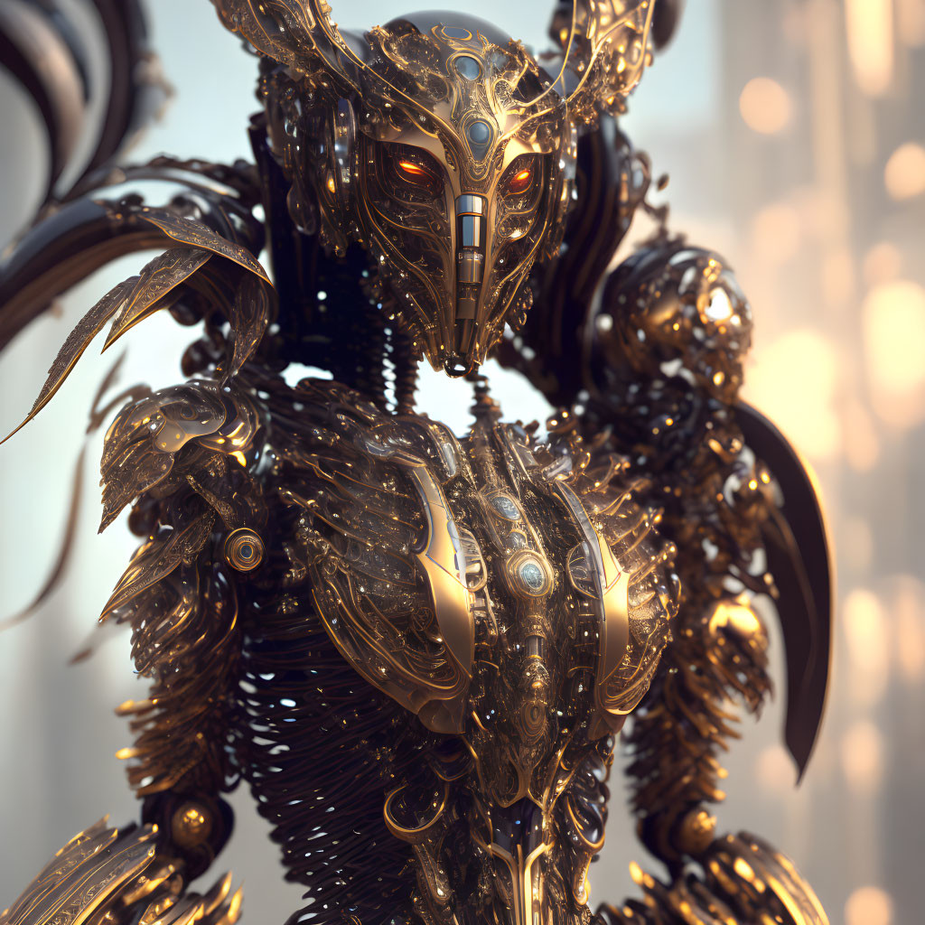 Highly detailed metallic robot with ornate gold designs