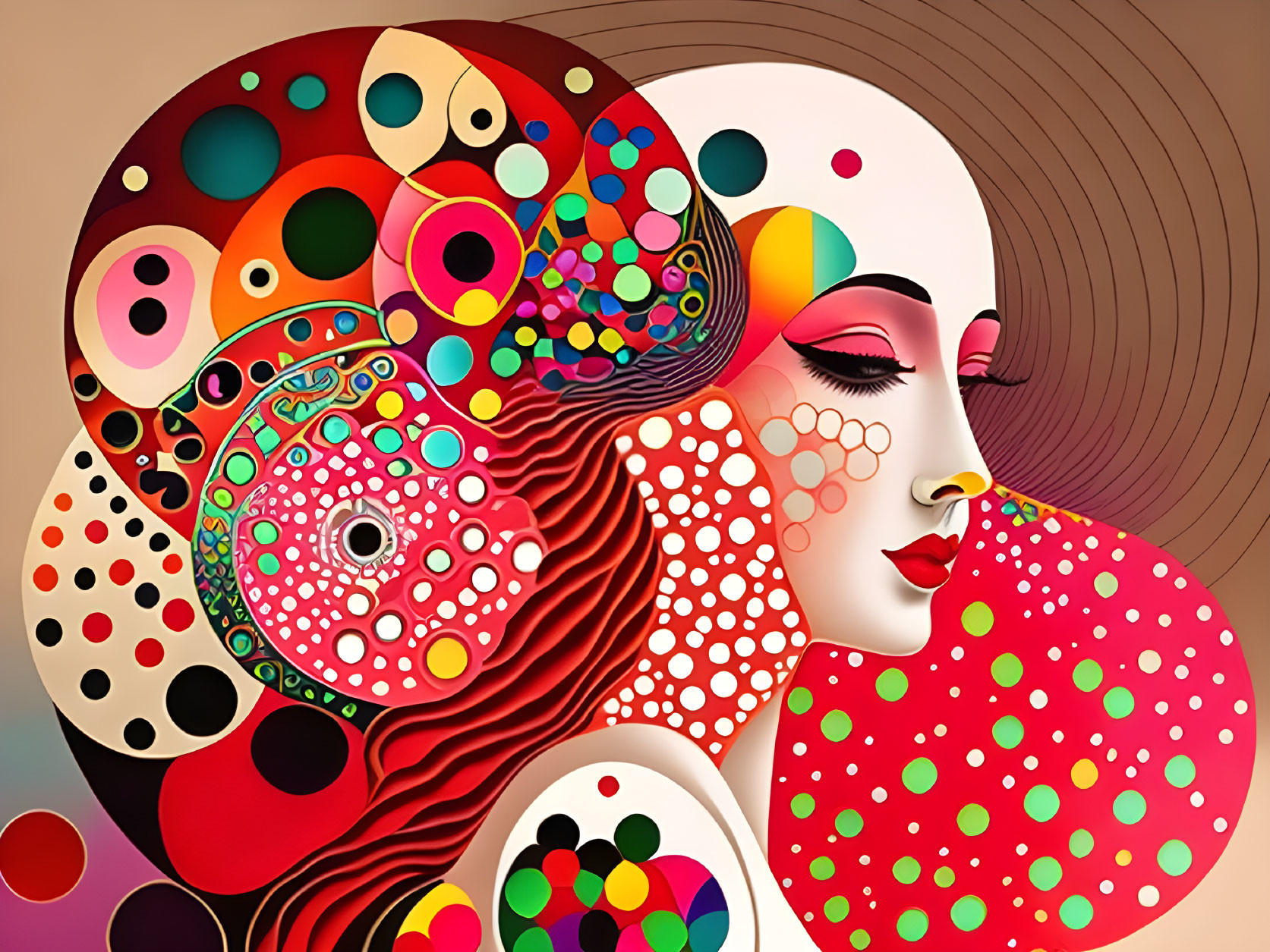 Vibrant abstract portrait of a woman with circular patterns in her hair