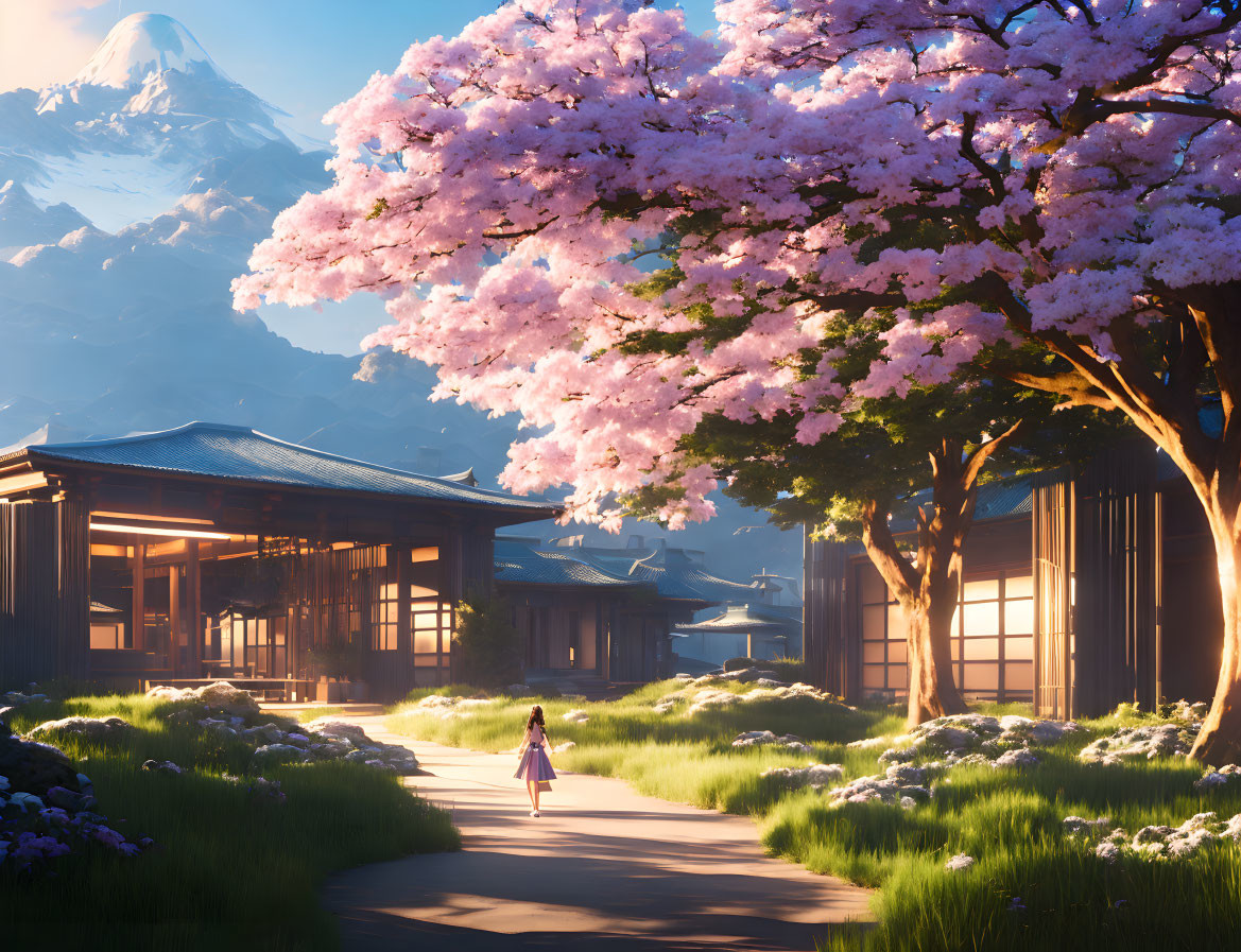 Person walking towards traditional buildings in serene nature scene