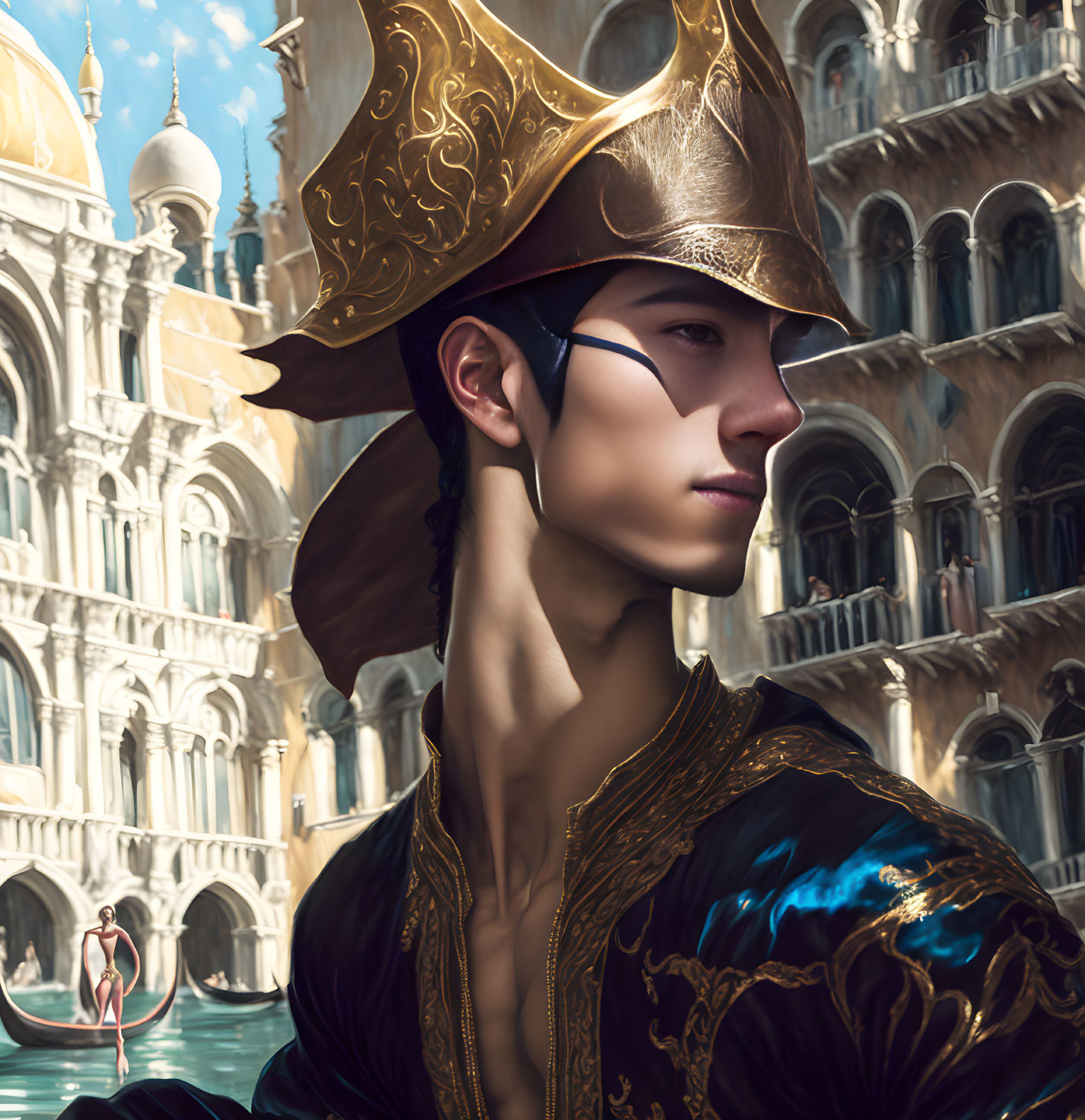 Golden Hat and Dark Blue Jacket Portrait with Fantasy Cityscape Background