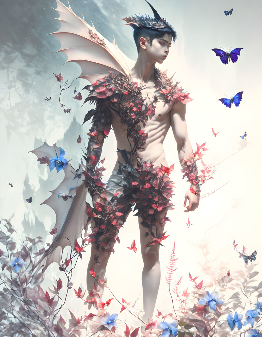 Male figure with wings and red leaf attire in mystical forest scene