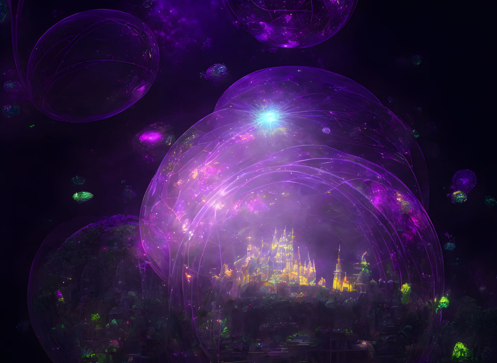 Fantastical city with glowing purple bubbles under starry sky