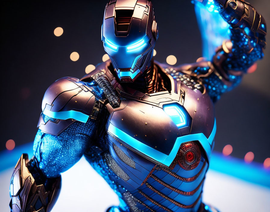 Detailed Iron Man suit with glowing arc reactor and helmet against futuristic blue backdrop.