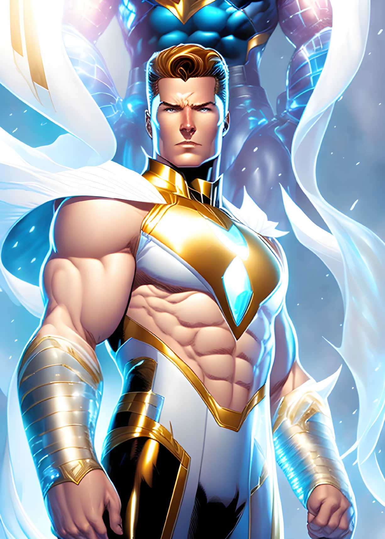 Muscular blond superhero in white and gold costume with swirling energy.