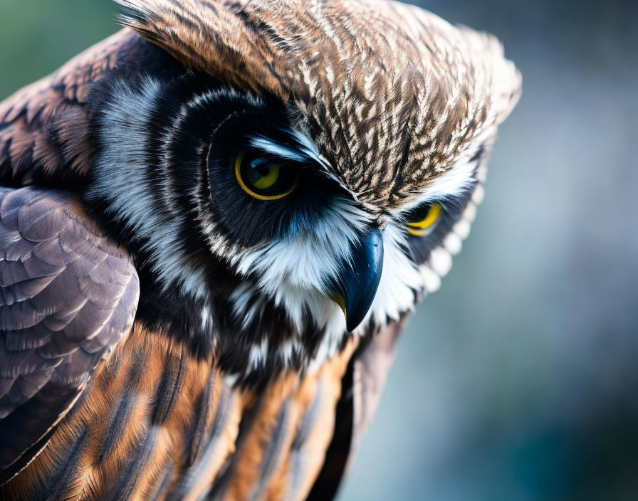 Brown feathered owl with striking yellow eyes in close-up view