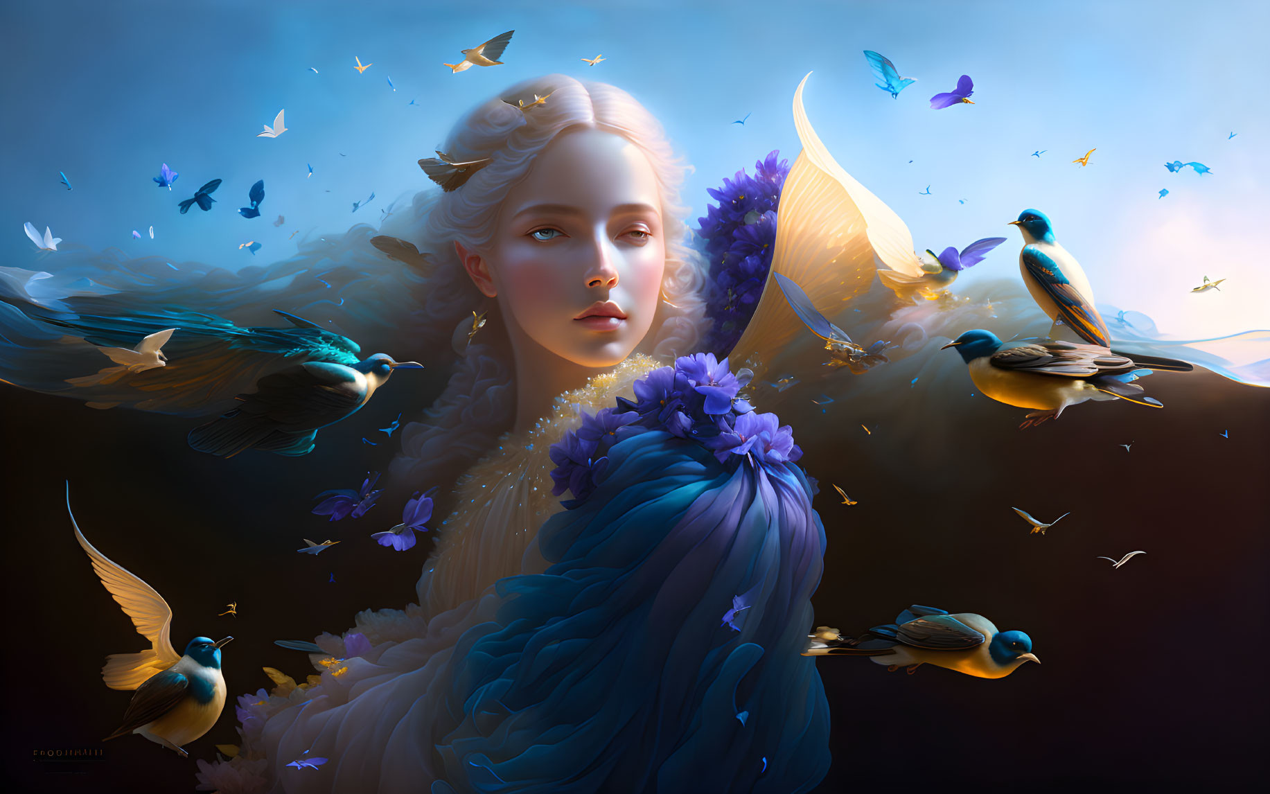 Pale-skinned woman with birds and flowers in vivid blue and gold.