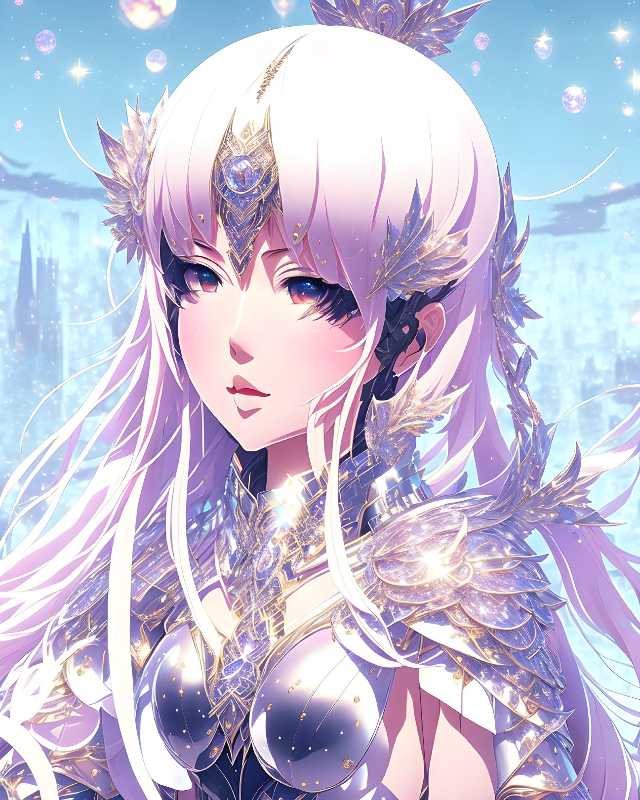 Anime-style character with long white hair in gold armor against starry sky