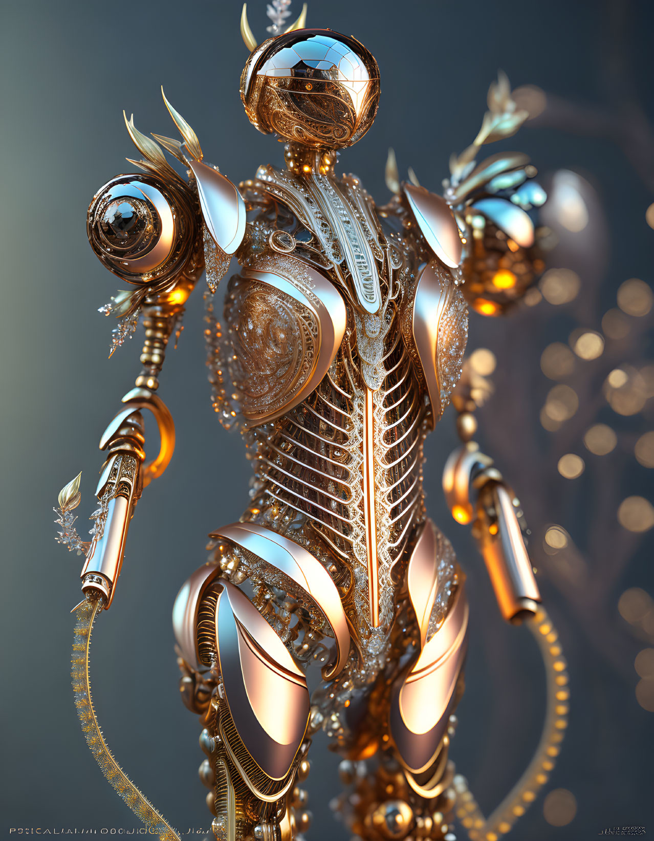 Detailed Ornate Robotic Figure with Gold and Silver Elements on Blue Background