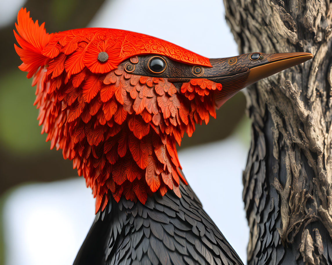 Detailed Artistic Rendering of Bird with Intricate Orange and Black Feather Patterns