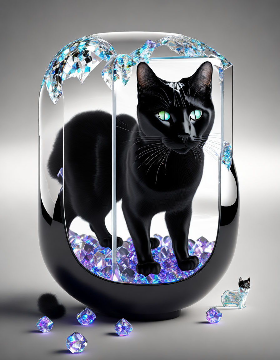 Black cat in glass vessel with crystal decoration and miniature version outside