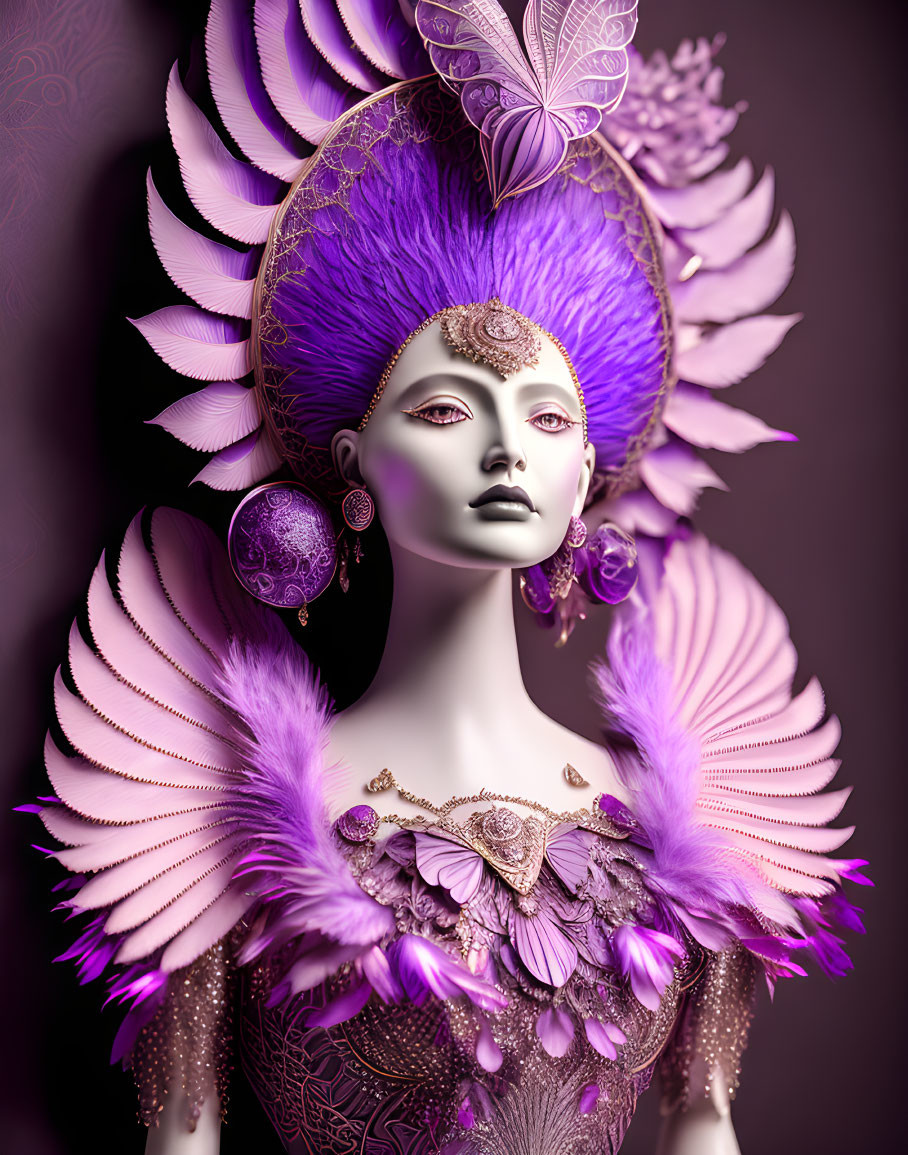 Digital Artwork: Woman in Purple and Gold Headgear with Feather Details