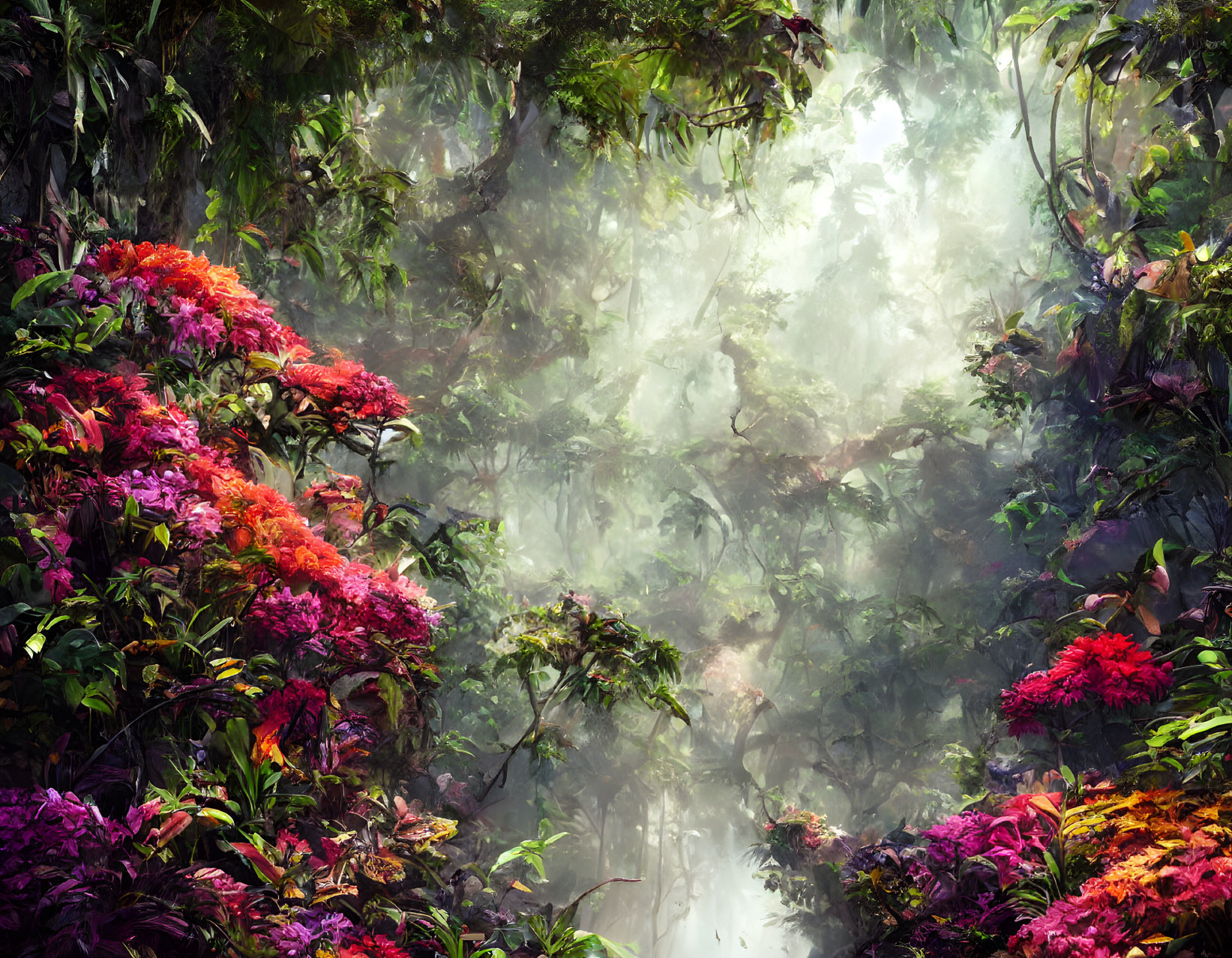 Vibrant flowers in lush forest with misty atmosphere