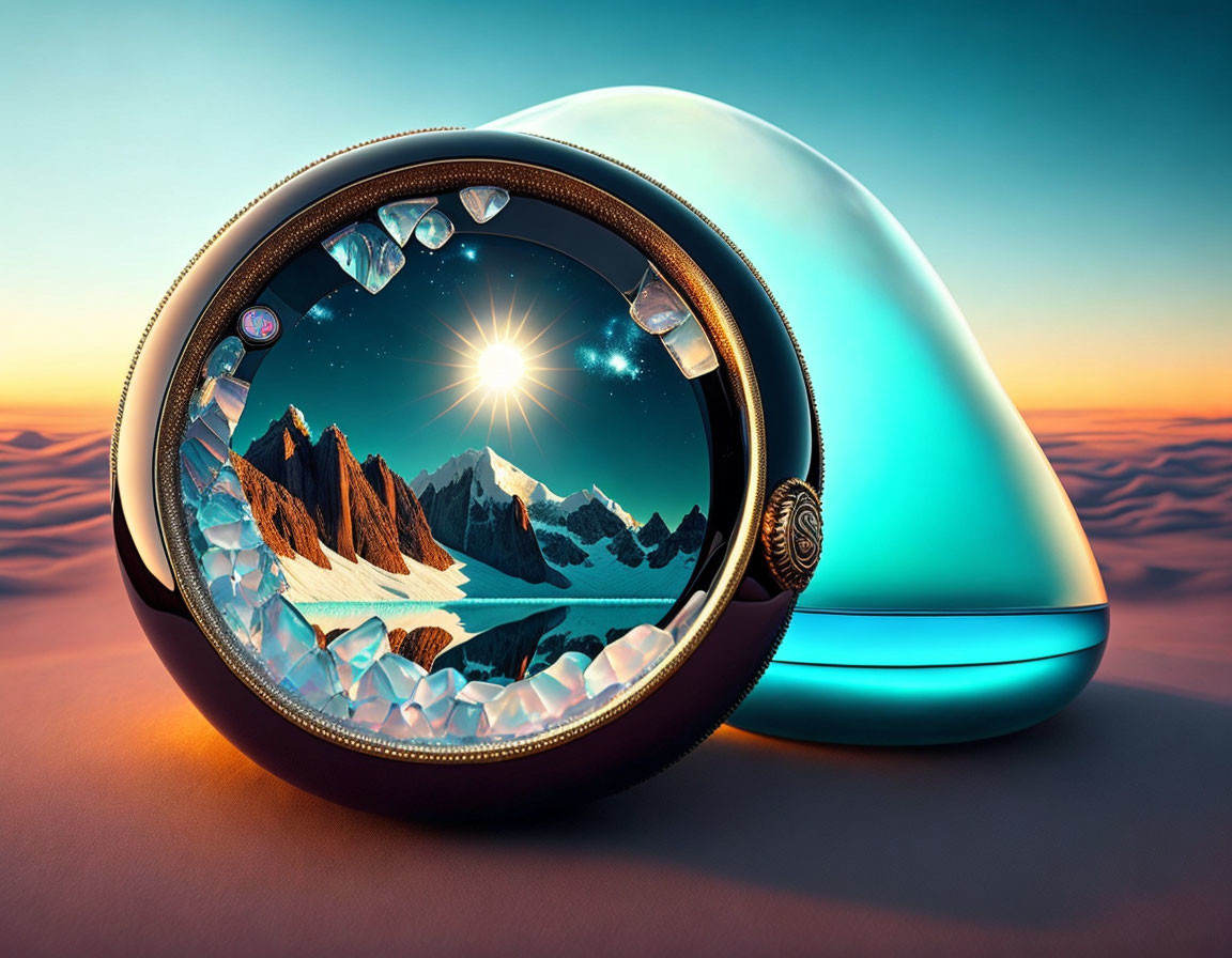 Turquoise futuristic device displaying mountain landscape and gems under sunrise