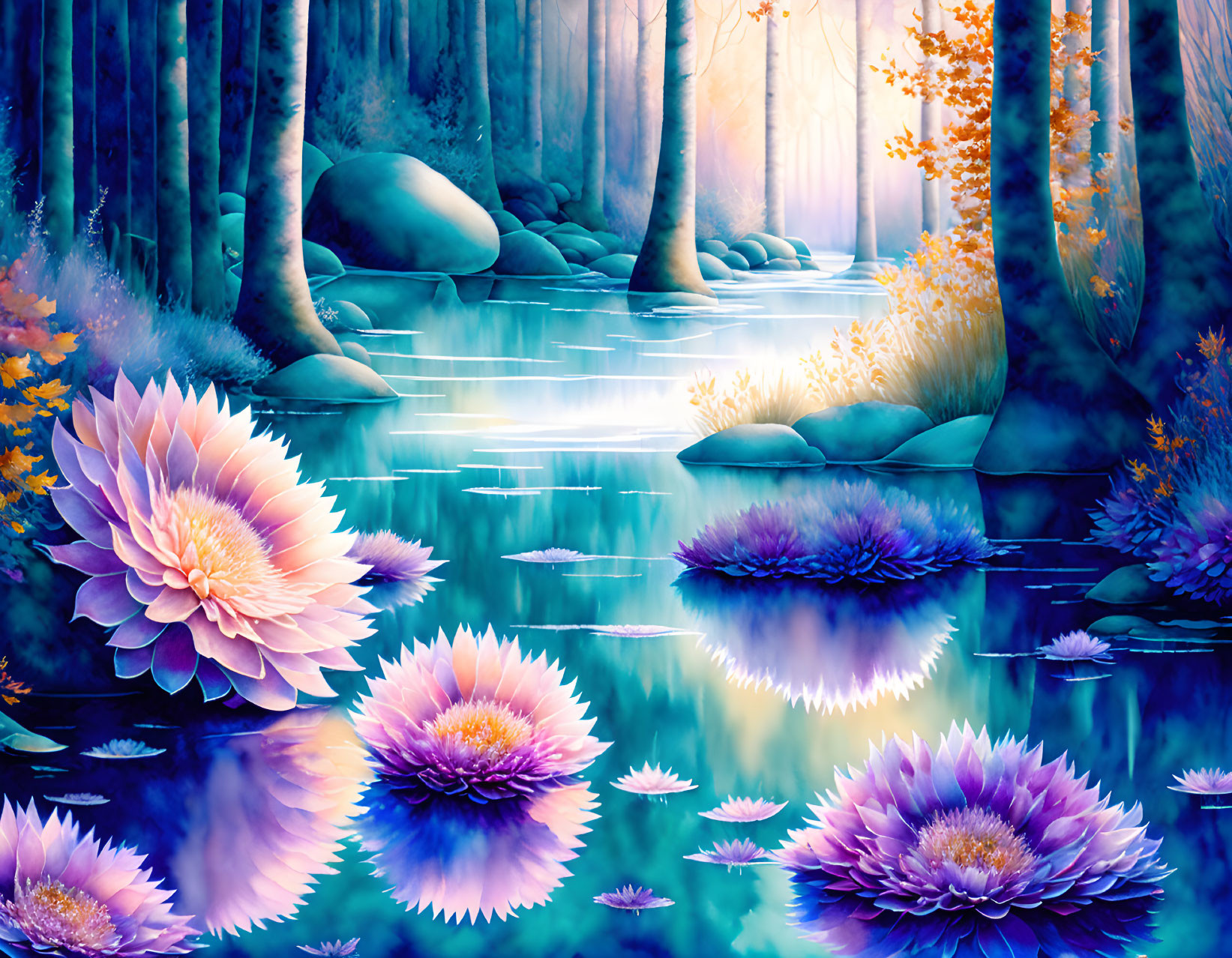 Colorful illustration of mystical forest with lotus flowers & reflective water